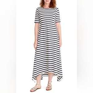 High-low matching dress short sleeve navy white striped 100% cotton medium